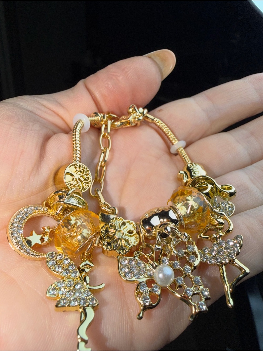 Gold-Tone Crystal & Pearl Charm Bracelet - Yellow Gold